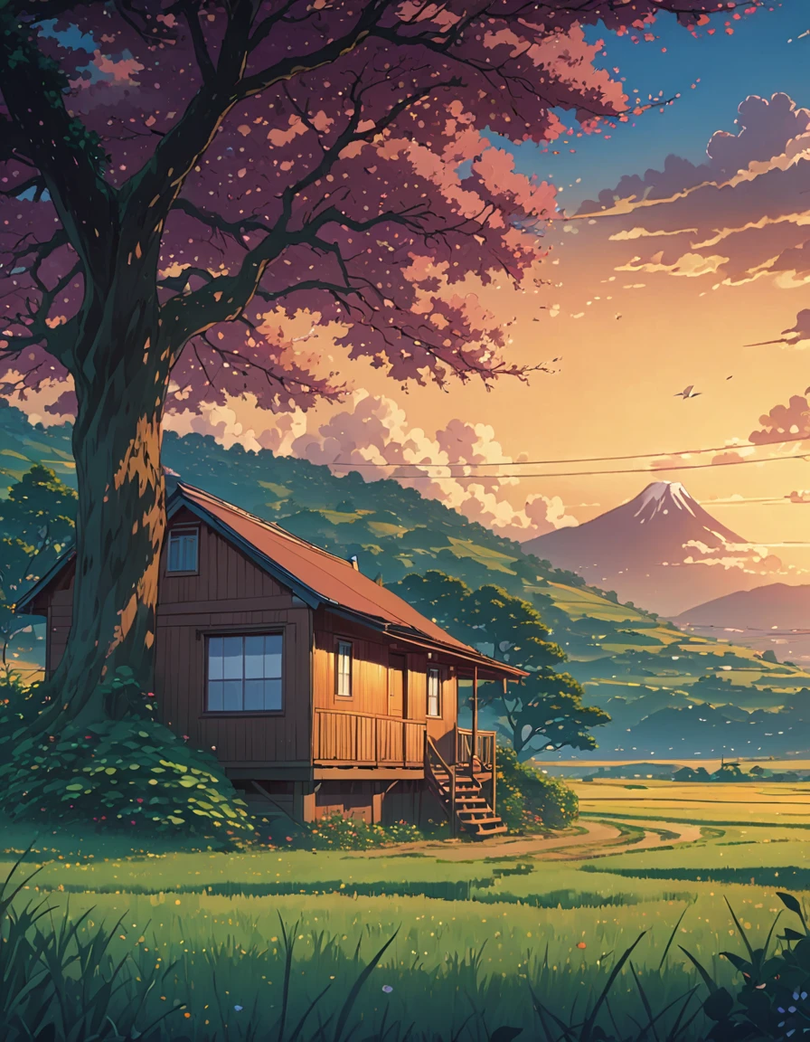 a painting of a cabin under a tree in a field, makoto shinkai cyril rolando, anime art wallpaper 4k, anime art wallpaper 4k, animated background, anime art wallpaper 8k, animated background art, anime landscape wallpaper, amazing wallpaper, hd wallpaper, 4k anime wallpaper, 4k anime wallpaper, anime countryside landscape, Highly detailed 4k digital art