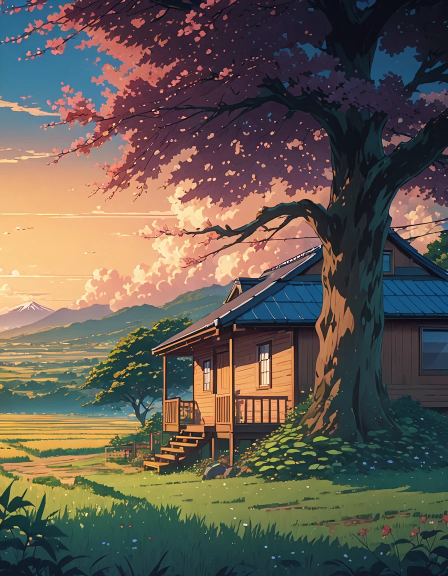 a painting of a cabin under a tree in a field, makoto shinkai cyril rolando, anime art wallpaper 4k, anime art wallpaper 4k, animated background, anime art wallpaper 8k, animated background art, anime landscape wallpaper, amazing wallpaper, hd wallpaper, 4k anime wallpaper, 4k anime wallpaper, anime countryside landscape, Highly detailed 4k digital art