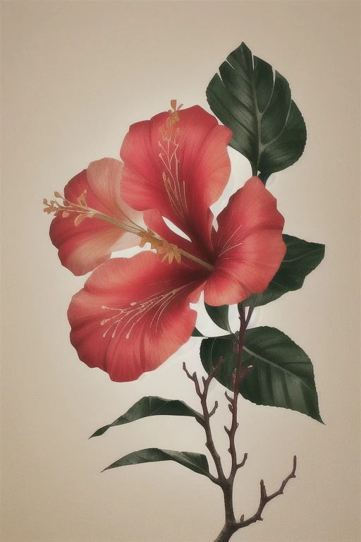 hibiscus flower blooming on a gnarled branch against a grey background, simple background, in the style of light orange and light beige, minimalist images, photography installations, paleocore, green and crimson, hyper-realistic, poetic intimacy