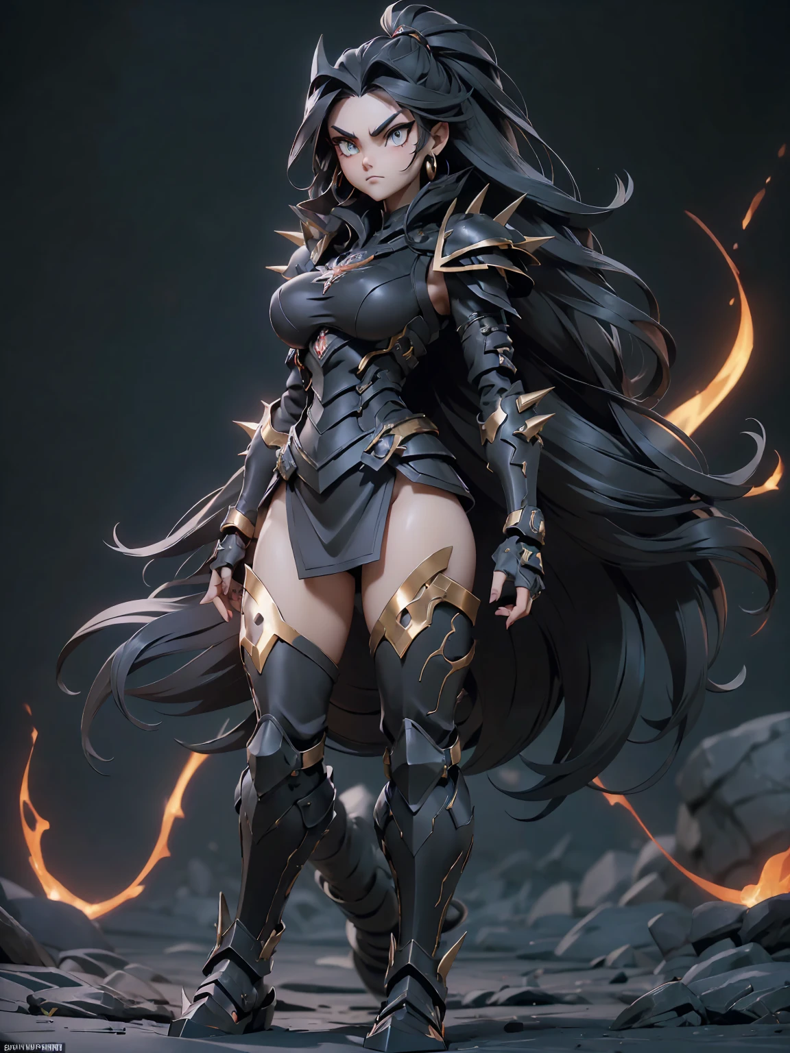 (((masterpiece, best quality, high detailed, 16k))) (1girl) A fierce girl donning armor reminiscent of Black WarGreymon, her eyes burning with determination and strength. Her hair is a stark black with streaks of silver, flowing around her fierce expression. She wears a dark, metallic armor, adorned with menacing spikes and intricate patterns of red and black, echoing the design of a powerful Digimon warrior. The armor is both robust and sleek, offering maximum protection while enhancing her intimidating presence. She wields a massive, clawed gauntlet, and her stance exudes readiness for battle. Around her, a dark aura pulses with raw energy, hinting at her immense power and relentless spirit. ((full body view:1.4))