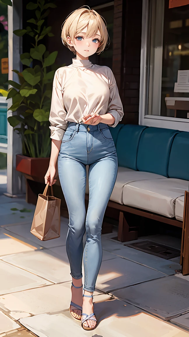 High-quality, ultra-realistic portraits。She has a small, delicate face、I have a slightly rounded face shape。Her expressive almond-shaped eyes have a gentle and warm gaze.、I have strong eyebrows。Her skin is pure and translucent white.、It has a natural shine。(Her hair is brown and pixie cut.:1.3)、((oversized white linen shirt、High waist light blue denim jeans、Beige leather sandals Simple and elegantly tailored))。Makeup is natural、A light foundation and subtle blush、Uses a soft pink lip color。The lighting is soft and natural.、Accentuating facial features、Does not emphasize shadows。(The background is a cafe terrace in the city.、Bright sunshine)