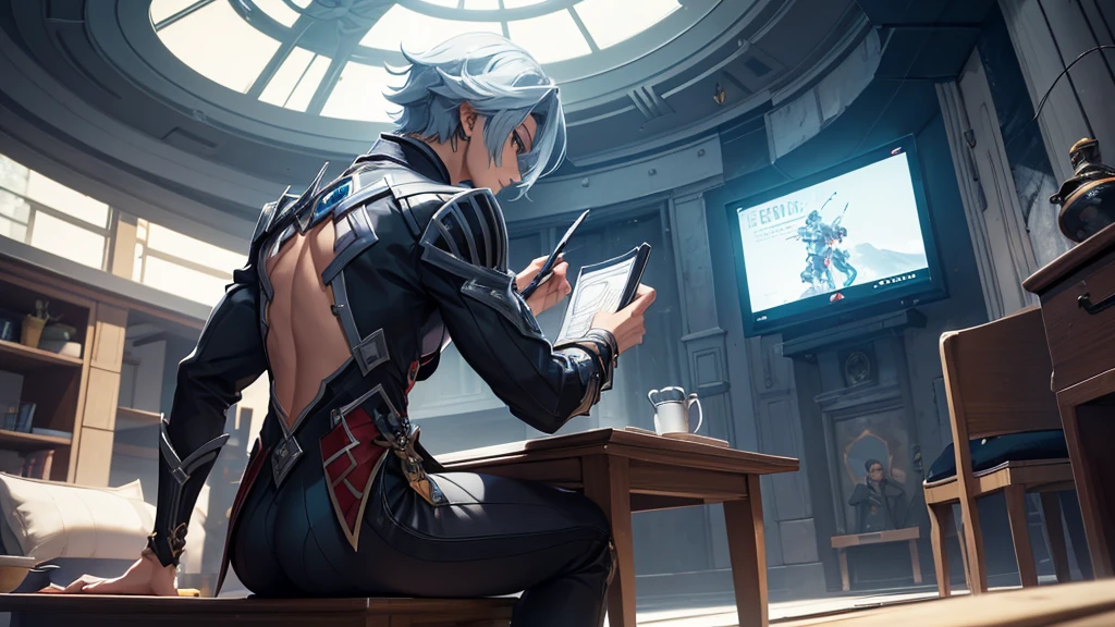 A man with his back turned, writing a diary in a futuristic setting.. He should have clothes and hair similar to Arlechinno from the game Genshin Impact.