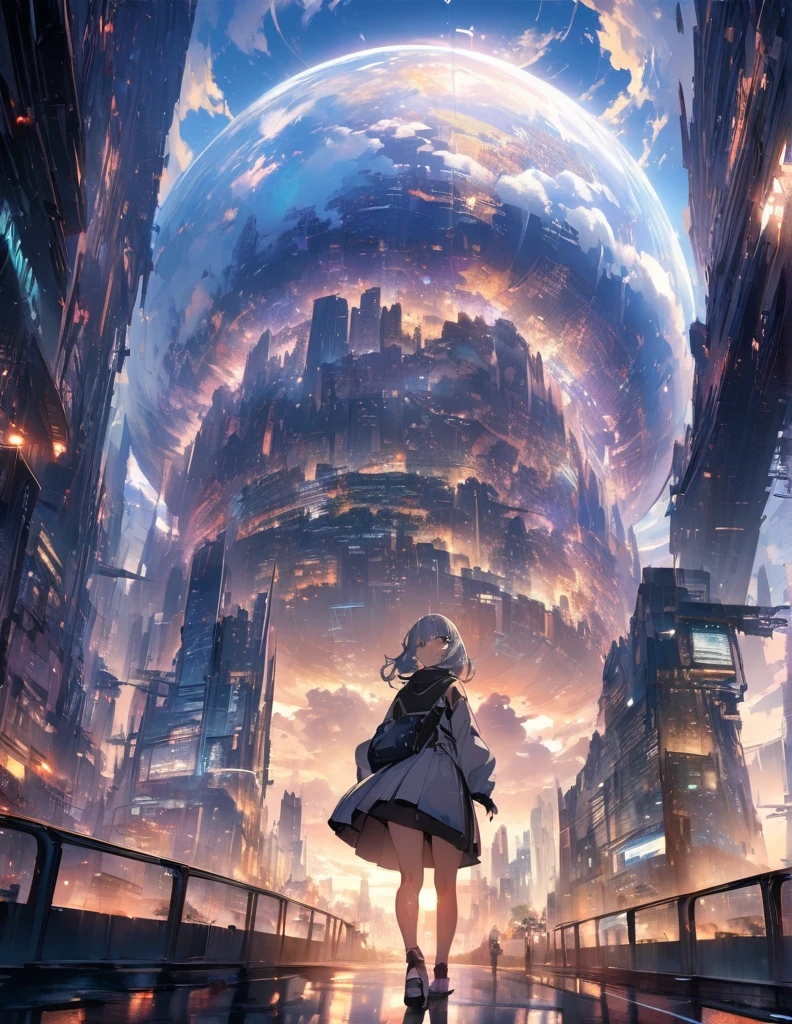 (anime)、(masterpiece:1.2),Atmospheric perspective,Lens flare、Ultra-wide background focused on the girl、Future City、girl standing on the roof