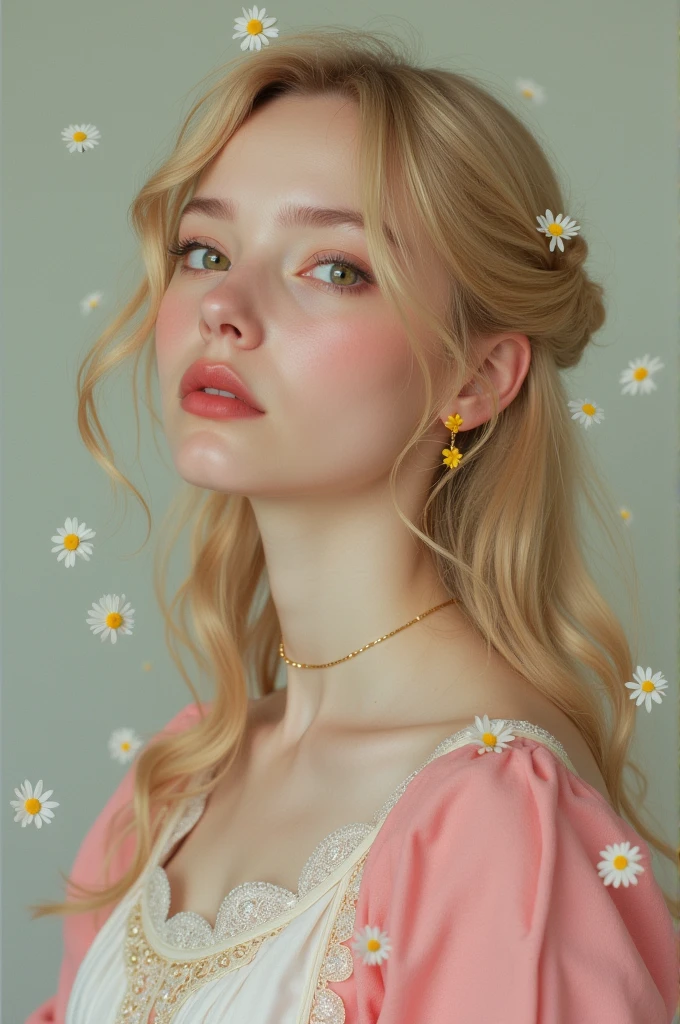 highest quality, masterpiece, pretty girl, blonde pink long hair, slightly curly hair, Yellow earrings, collar, (pink and white clothes), (Delicate hair depiction), (Delicate blue eyes), (delicate features), alone, (small daisies), Portrait depiction, solid color background, broken state