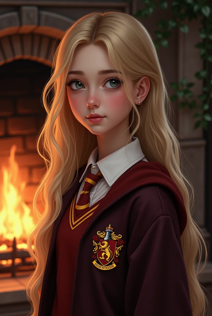 Portrait of a beautiful teenage student girl, blonde with gray eyes, dressed in the Gryffindor house uniform. Cozy room fireplace