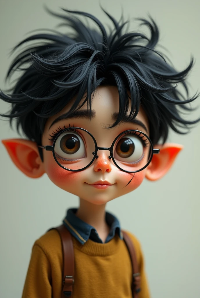 A boy with black, very messy hair, skinny, Dwarf, wearing glasses and who has a scar on his forehead
