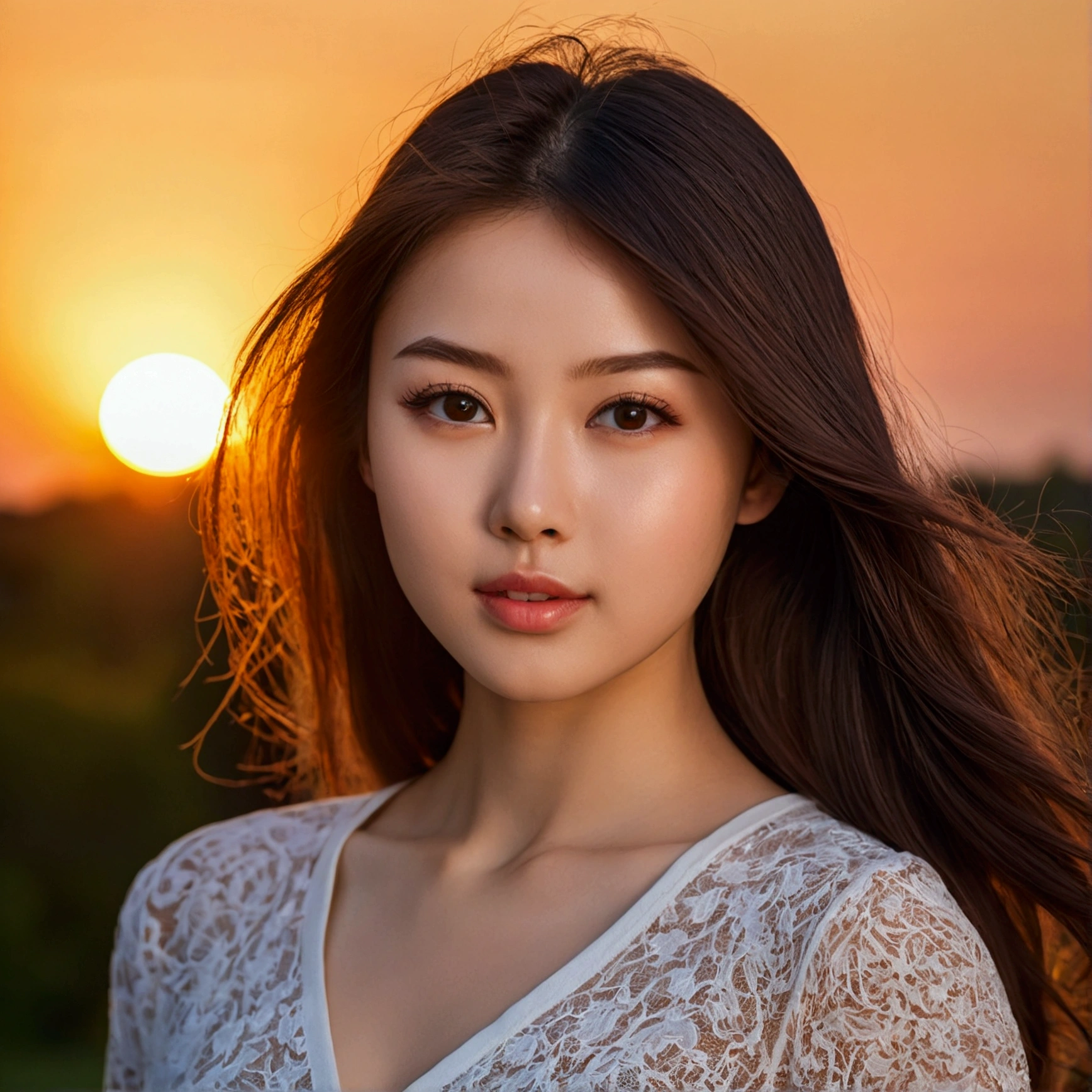 a beautiful young woman with dark hair standing in front of the sun setting behind her, beautiful young face, beautiful fine face features, young beautiful face, beautiful japanese girls face, gorgeous face portrait, young female face, portrait sophie mudd, very pretty face, beautiful young girl, asian beautiful face, a beautiful teen-aged girl, beautiful portrait image, photography portrait 4 k, beautiful face portrait, very beautiful young woman, beautiful face, beautiful model girl, portrait of beautiful girl, beautiful girl portrait, soft portrait shot 8 k