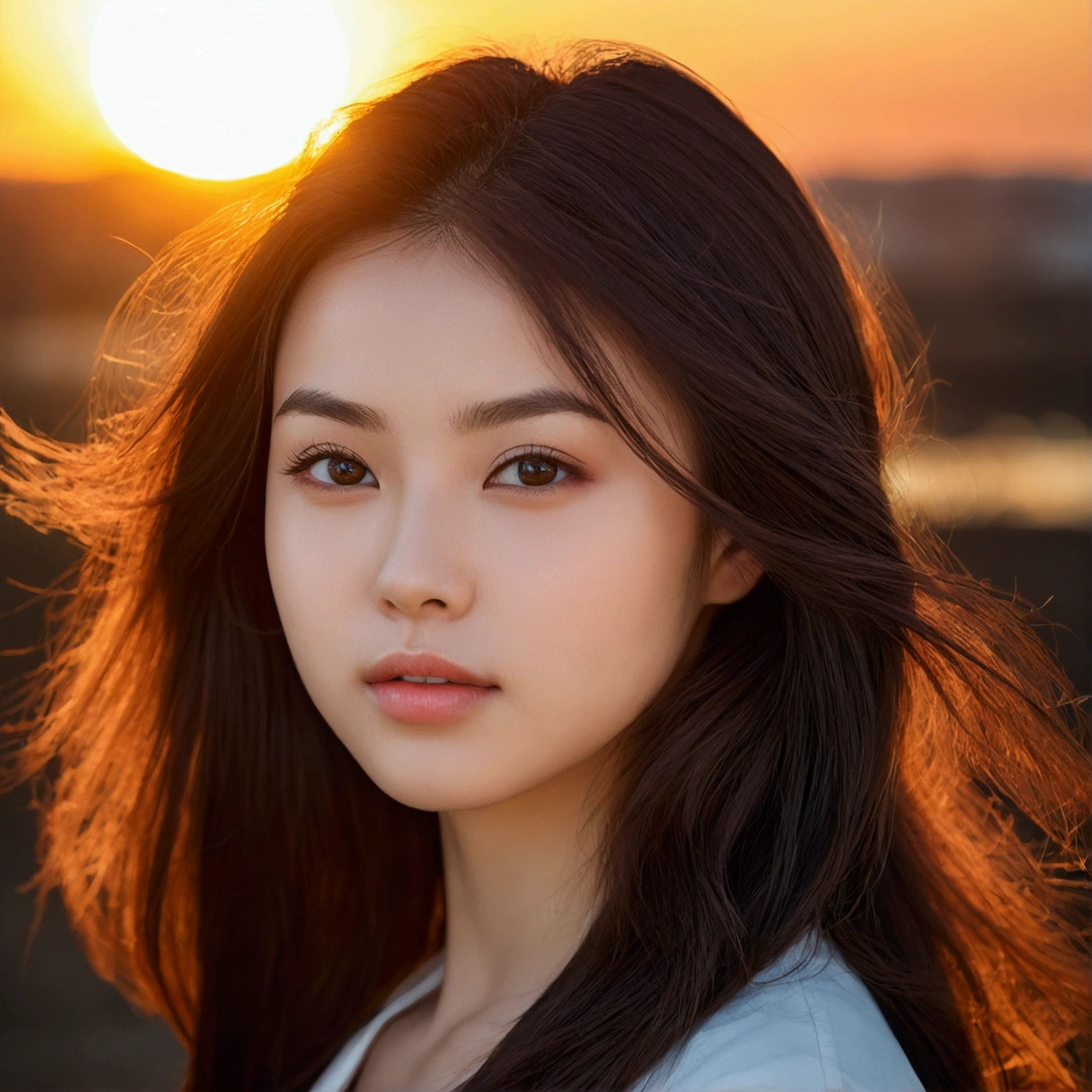 a beautiful young woman with dark hair standing in front of the sun setting behind her, beautiful young face, beautiful fine face features, young beautiful face, beautiful japanese girls face, gorgeous face portrait, young female face, portrait sophie mudd, very pretty face, beautiful young girl, asian beautiful face, a beautiful teen-aged girl, beautiful portrait image, photography portrait 4 k, beautiful face portrait, very beautiful young woman, beautiful face, beautiful model girl, portrait of beautiful girl, beautiful girl portrait, soft portrait shot 8 k