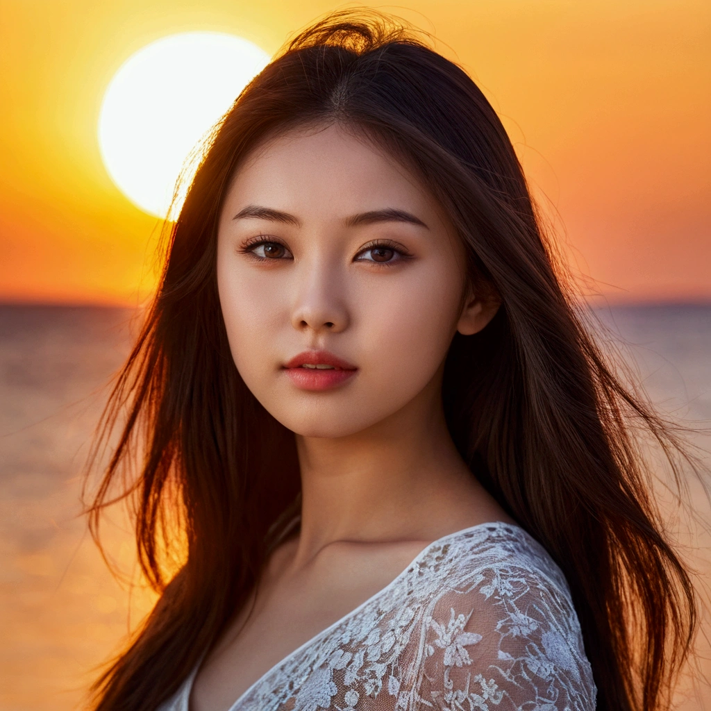 a beautiful young woman with dark hair standing in front of the sun setting behind her, beautiful young face, beautiful fine face features, young beautiful face, beautiful japanese girls face, gorgeous face portrait, young female face, portrait sophie mudd, very pretty face, beautiful young girl, asian beautiful face, a beautiful teen-aged girl, beautiful portrait image, photography portrait 4 k, beautiful face portrait, very beautiful young woman, beautiful face, beautiful model girl, portrait of beautiful girl, beautiful girl portrait, soft portrait shot 8 k