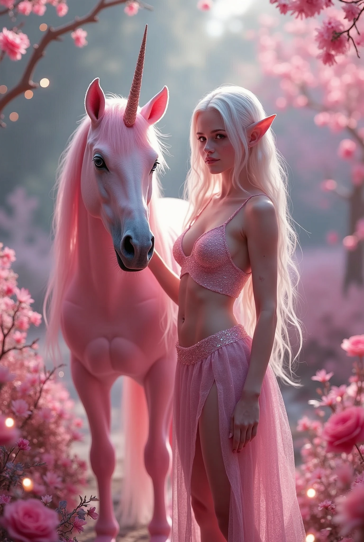 Hyperrealism cinematic film still, 8K, highly detailed and realistic. In an enchanting, pink-toned magical garden, a breathtakingly beautiful albino woman with striking blue eyes and delicate freckles on her face stands next to a majestic pink unicorn. The air shimmers with glitter and gossamer threads, while soft fairy lights cast a gentle glow. The scene is adorned with an abundance of glitter and sparkles, creating a surreal and captivating ambiance. Everything feels otherworldly, magical, and dreamlike, elf ears, cleavage, thigh, short skirt, sexy