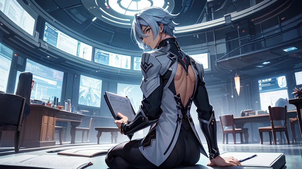 A man with his back turned, writing a diary in a futuristic setting.. He should have clothes and hair similar to Arlechinno from the game Genshin Impact.