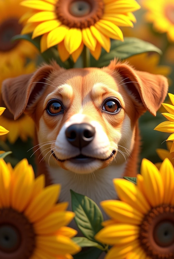 Dog face surrounded by sunflower