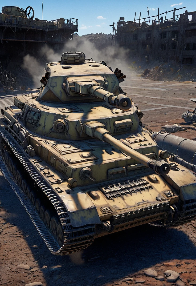 cinematic, dramatic, armored tank, post-apocalyptic, dystopian, gritty, weathered, rusty, damaged, war-torn, battle-scarred, spikes, barbed wire, scavenged parts, Mad Max inspired, (best quality,4k,8k,highres,masterpiece:1.2),ultra-detailed,(realistic,photorealistic,photo-realistic:1.37),highly detailed, intricate, industrial, mechanical, dark, moody, chiaroscuro lighting, dramatic shadows, vibrant colors, grungy, worn, rugged, desert landscape, desolate, abandoned, dust clouds, (1 armored tank)