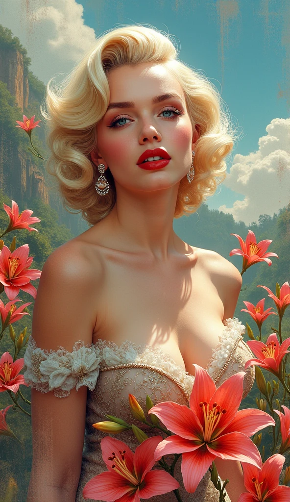 Marilyn Monroe stechu,(white background:1.4), (( Vogue fashion)), original,(illustration:1.1),(best quality),(masterpiece:1.1),(extremely detailed CG unity 8k wallpaper:1.1), (colorful:0.9),(panorama shot:1.4),(solo:1.2), (ink splashing),(color splashing),((watercolor)), clear sharp focus,{ 1girl standing },(24 years old)((Vogue fashion style )),flower background,outdoors,Lilys, looking at viewer, make happy expressions,soft smile,pure,beautyfull detailed face and eyes,beautyfull intricacy clothing decorative pattern details, black hair,black eyes,colorwater