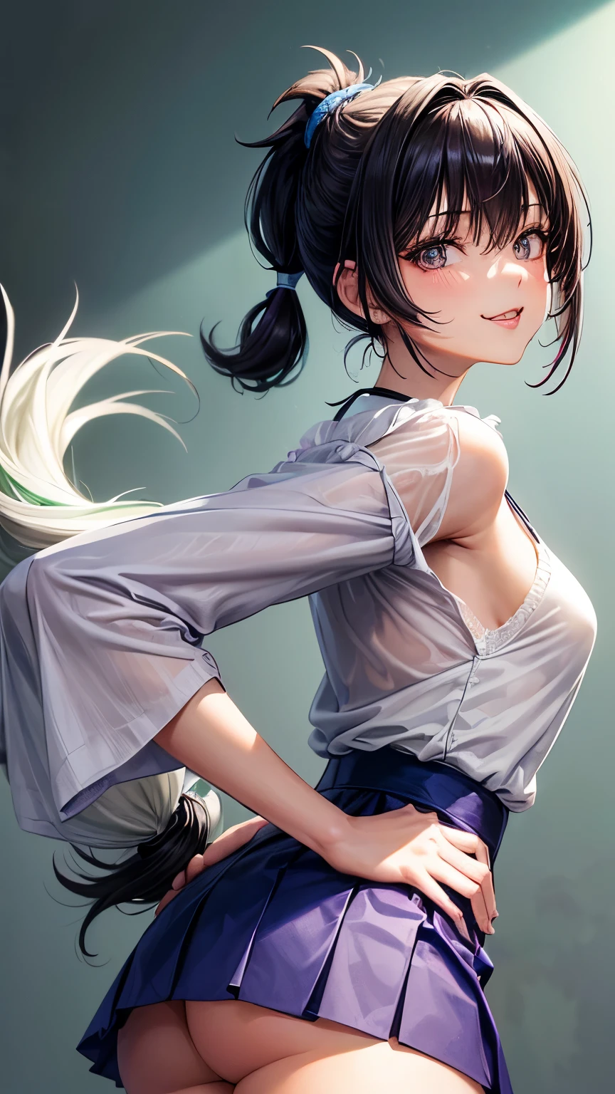 Japanese languid and tidy lady ((small breast))(( voluptuous)), black very short length hair ((light purple highlights hair))((upper shaggy ponytail :1.5)), ((tidy white blouse with no pattern ))((blue long slim silk skirt)), ((sultry smile))((tongue out a little)), droopy and gentle eyes ((light green)), eyelashes, calming and languid atmosphere, blush, seems very sultry and calm, ((looking back pose )),low angle , (( face focus:1.3)), best quality,MSFW