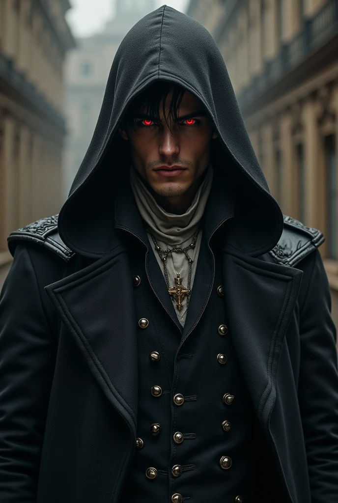 28 year old man, blackquality hair, Eyes red, assassin style capuz, England 19th century, archerqueen