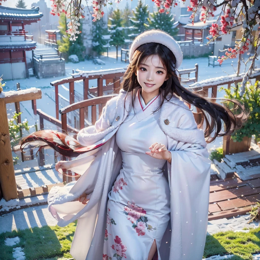Highest quality,High resolution,Photorealistic photography,A cute 20-year-old Japanese woman wearing a vibrantly colored colorful kimono,Cute puppies walking together,The woman has a lovely smile,Extremely intricate kimono patterns and delicate facial features,Long eyelashes are characteristic,The eyes are depicted in great detail,Beautiful natural light illuminates with warm tones,Detailed background scenery spreads,4K,8K Highest quality,Extremely detailed and realistic HDR images,The vibrant colors are rendered like a professional photograph.