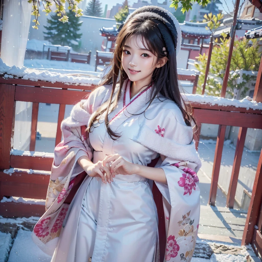 Highest quality,High resolution,Photorealistic photography,A cute 20-year-old Japanese woman wearing a vibrantly colored colorful kimono,Cute puppies walking together,The woman has a lovely smile,Extremely intricate kimono patterns and delicate facial features,Long eyelashes are characteristic,The eyes are depicted in great detail,Beautiful natural light illuminates with warm tones,Detailed background scenery spreads,4K,8K Highest quality,Extremely detailed and realistic HDR images,The vibrant colors are rendered like a professional photograph.