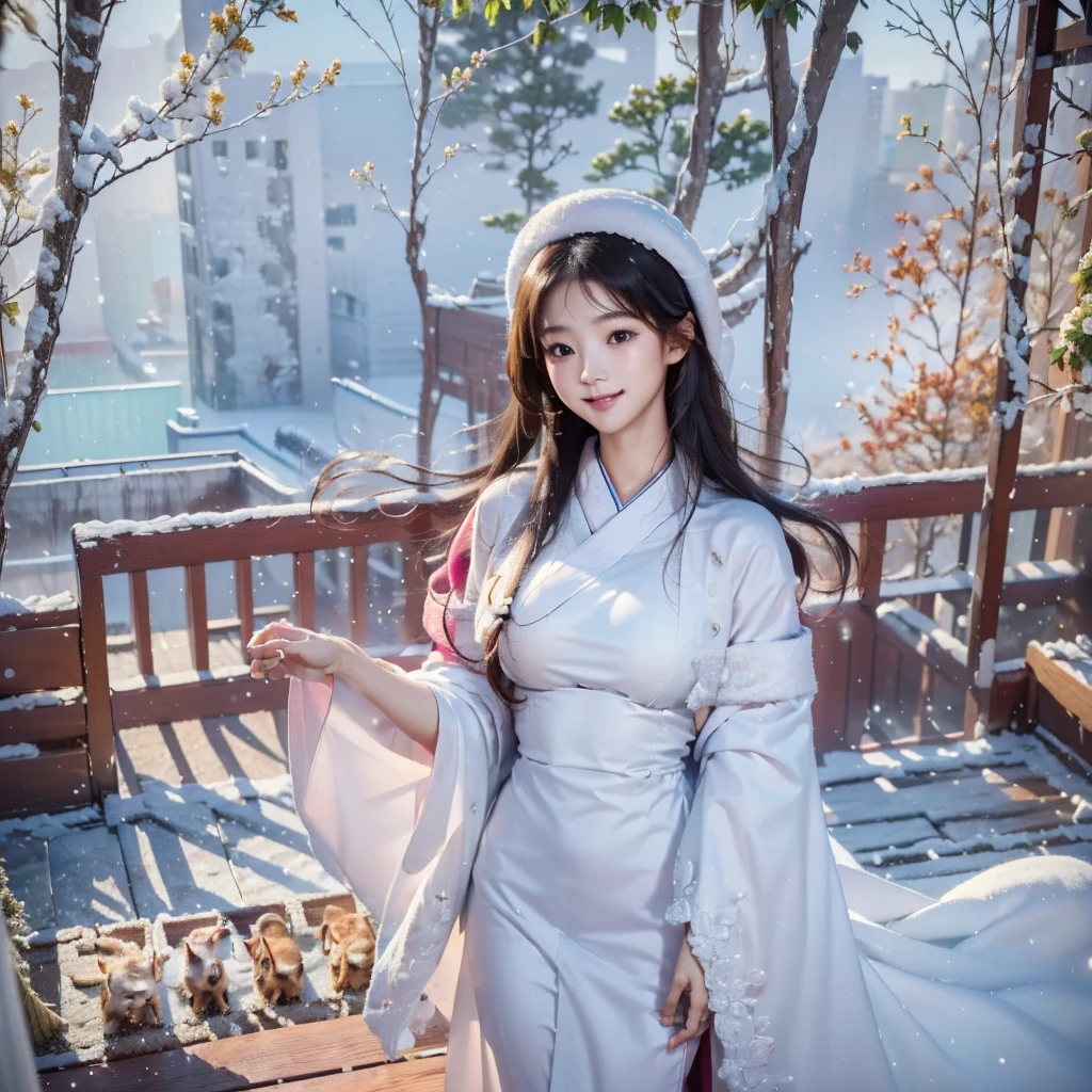 Highest quality,High resolution,Photorealistic photography,A cute 20-year-old Japanese woman wearing a vibrantly colored colorful kimono,Cute puppies walking together,The woman has a lovely smile,Extremely intricate kimono patterns and delicate facial features,Long eyelashes are characteristic,The eyes are depicted in great detail,Beautiful natural light illuminates with warm tones,Detailed background scenery spreads,4K,8K Highest quality,Extremely detailed and realistic HDR images,The vibrant colors are rendered like a professional photograph.