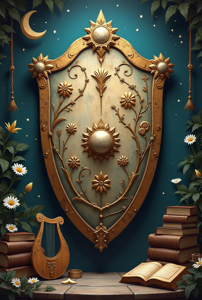 Flower-related shield, music, books, stars moon 