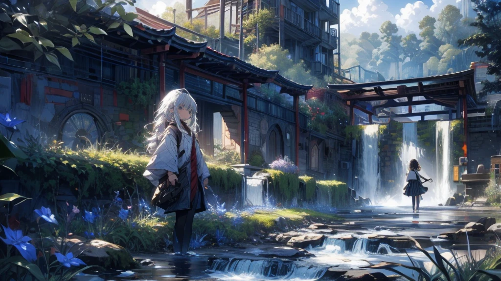 A girl is looking up at the sky by the river. Behind her is a water mill made of white bricks. There is a meadow and a mountain stream running through it. A black cat is sleeping at the girl's feet.