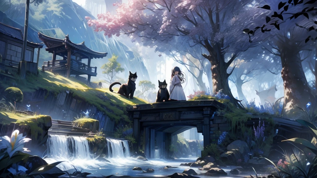 A girl is looking up at the sky by the river. Behind her is a water mill made of white bricks. There is a meadow and a mountain stream running through it. A black cat is sleeping at the girl's feet.