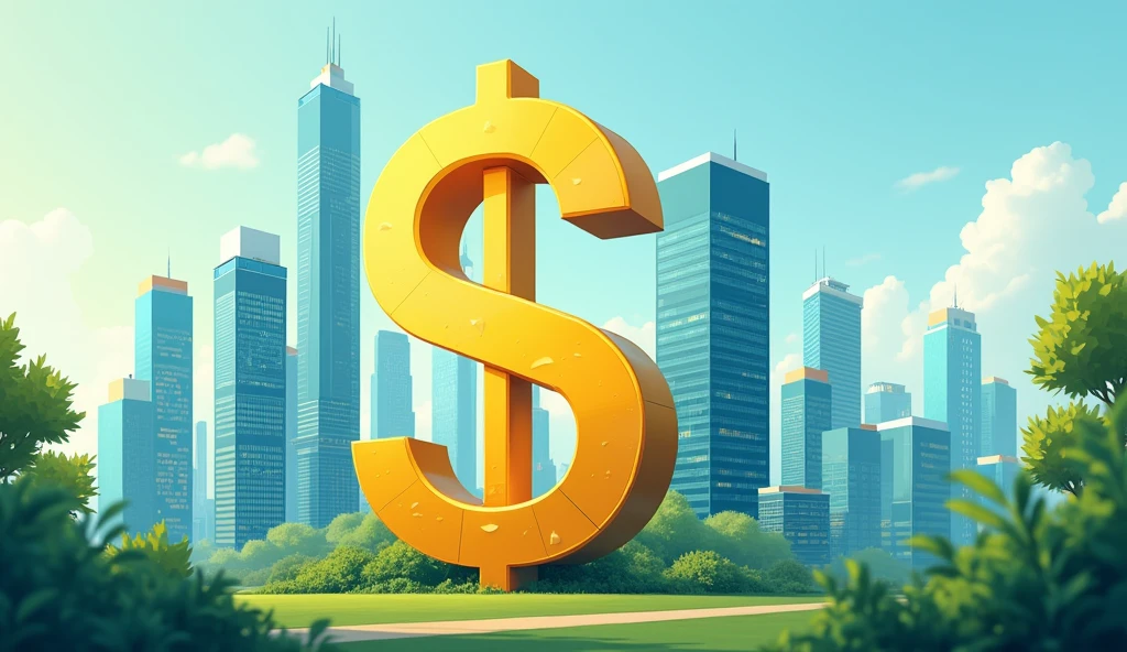 The image shows a huge money symbol with towering technology buildings and innovation labs behind it, symbolising the support of the tax cuts for technological development. The background should incorporate some green leaves and blue sky to convey the positive impact of economic development.