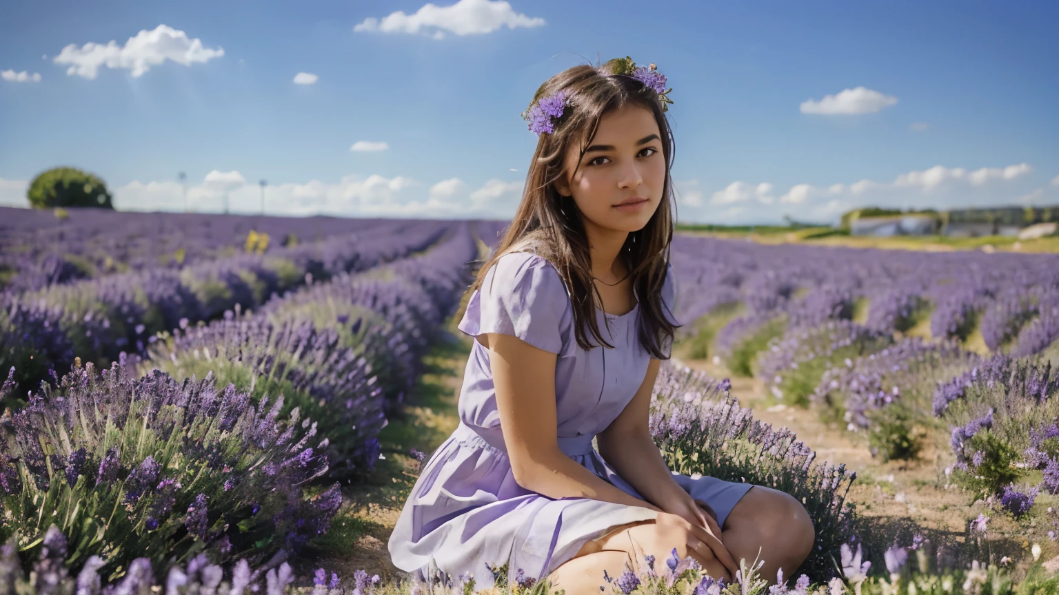 arafed  sitting in a field of lavender flowers, in a lavender field in france, girl in flowers, girl sitting in a flower field, lavender yellow color scheme, girl in a flower field, purple colors, girl in a flower bed, lavender, cute handsome, lavender plants, lavender fields in full bloom, with beautiful flowers, Beautiful cute