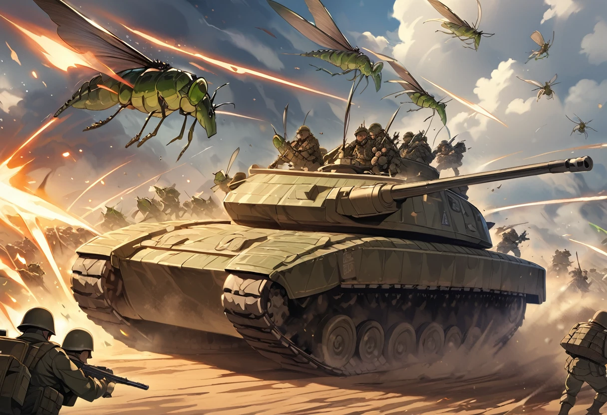Giant Armadillo Tank、 A group of soldiers riding locusts attacking a tank, The soldiers riding grasshoppers will attack from the air.、Detailed and dynamic, Fantasy Art