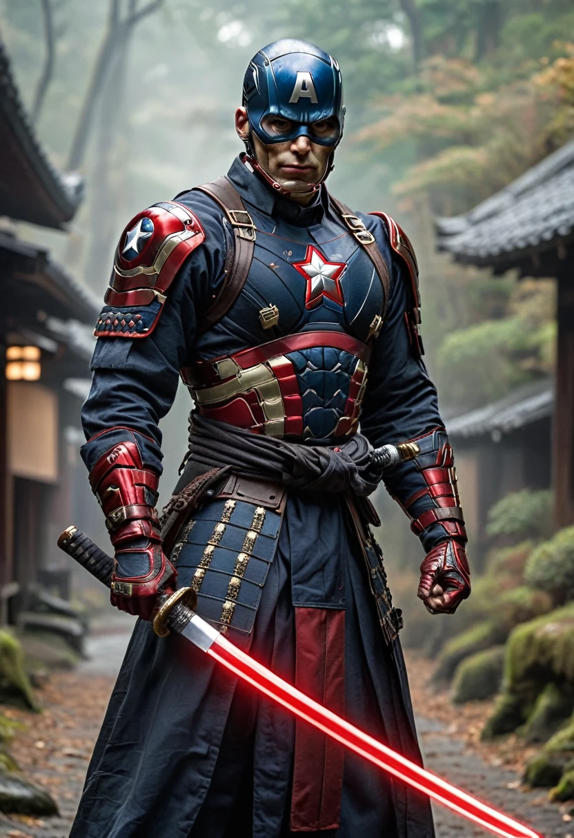 Une action photo, une photo numérique réaliste, Un samouraï Captain America transformé en colère dégage une épée katana magique brillante d'un fourreau, de couleur noire avec une armure en bois noir, une perle de samouraï, un masque de samouraï démon doré, se tenant dans un ancien village japonais, Ultra HD, 8k, détaillé et fou.