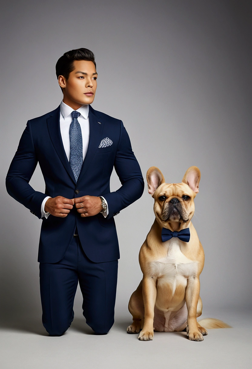 Stylish Dog Duo: "Two anthropomorphic dogs, one a Golden Retriever in a sharp navy-blue suit with a matching tie, and the other a French Bulldog in a chic black turtleneck, pose against a light gray wall. Their expressions are confident, exuding a mix of sophistication and charm." [Photorealistic digital art, inspired by the style of high-end fashion photography], [Soft, natural lighting, focus on the dogs, shallow depth of field, blurred background, realistic textures, sharp details].