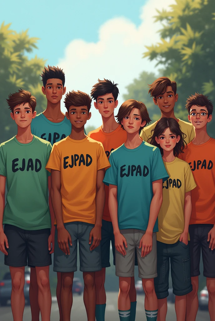 7 personnes qui sont debout ce sont des adolescents ils tiennent une pacarde ou on écrit ensemble des jeunes pour un avenir durable ce sont des noir ce sont tous de garçons il porte de t-shirt où on écrit ejpad