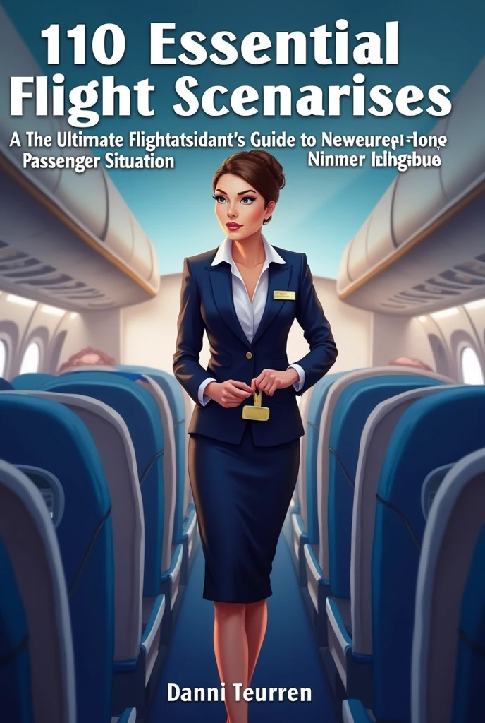 Create a picture to illustrate this ebook title : 110 Essential In-Flight Scenarios: The Ultimate Flight Attendant's Guide to Mastering Every Passenger Situation. I need it hyper realistic, HD quality, at least 300DPI