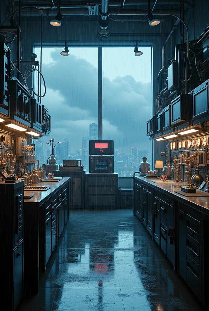 A laboratory full of cables and strange devices. Rain hits the windows and thunder rumbles in the distance.