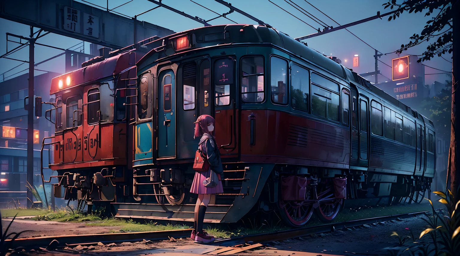 magenta tint、Vibrant colors、((tmasterpiece)))、(((quality)))、((ultra - detailed))、(Surreal)、(Very detailed CG illustration）、offcial art、CD cover、midsummer、The glorious 1980s、1 girl，Cool beauty、pretty eyes，incomparable beauty、Hair color、jaqueta de couro、Superskirt、student shoes，perfect angle、Perfectcomposition、(natta，trains，Yunxia)，