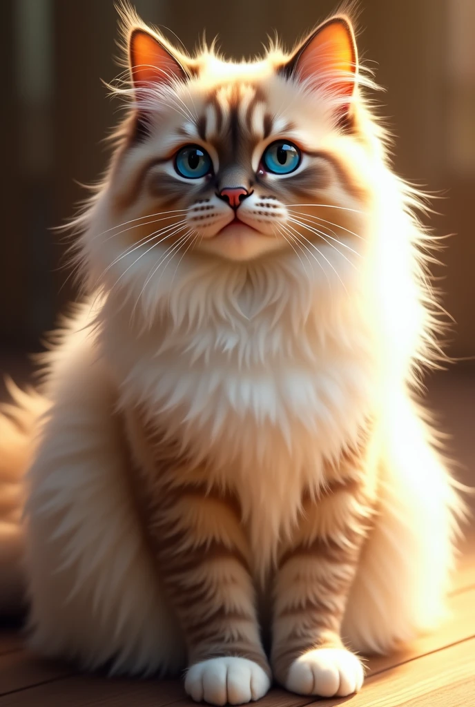 Create a hyper-realistic digital portrait of a majestic Ragdoll cat, exuding an air of elegance and contentment. The cat is seated gracefully, gazing into the camera with its deep, expressive blue eyes, surrounded by a halo of silky, fluffy fur. The fur is meticulously rendered in shades of cream and apricot, intertwined with delicate white markings, giving it a warm and inviting appearance.
The face is characterized by a gentle, rounded shape, accented by a wide, expressive nose and fluffy whiskers. The ears are softly tucked back, adding to the serene demeanor. The body is plush and generously proportioned, displaying the Ragdoll's hallmark plushness and relaxed posture.
The lighting in the scene is soft and golden, casting a warm glow over the cat's coat, enhancing the textural details of the fur and creating a sense of warmth and comfort. Every strand of hair is meticulously detailed, showcasing the intricate patterns and shadings that make Ragdolls stand out among feline breeds.
This digital artwork captures the essence of a Ragdoll's sweet disposition and irresistible charm, inviting viewers to savor the serene beauty of this noble feline companion.