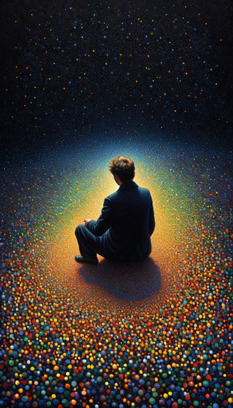 pointillism, a tormented genius contemplates the futility of things and concludes that everything is useless, micro dots representing blind spots, 8k, work of art, Brilliant composition, deep dark contrast, minimal use of colors