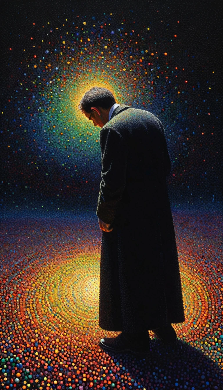 pointillism, a tormented genius contemplates the futility of things and concludes that everything is useless, micro dots representing blind spots, 8k, work of art, Brilliant composition, deep dark contrast, minimal use of colors