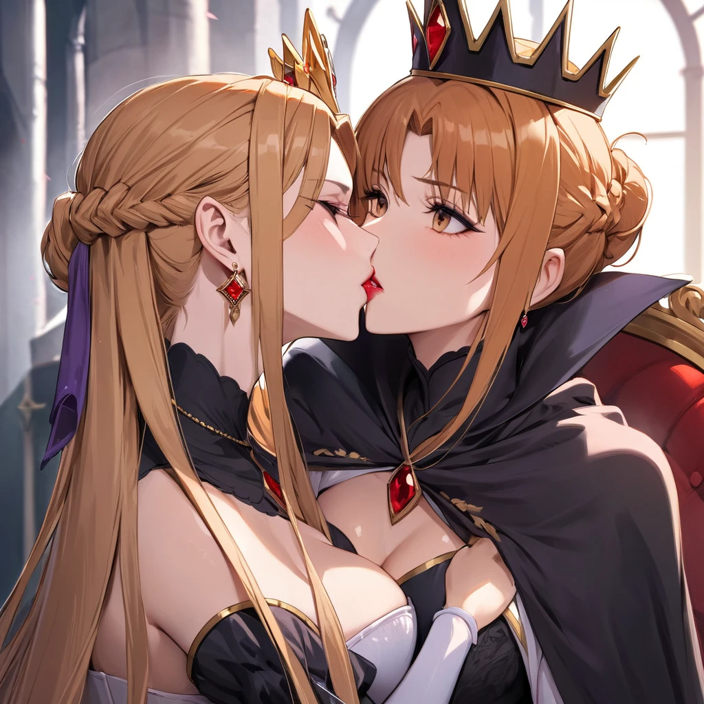 ((Highest quality)), ((masterpiece)), (detailed), (Perfect Face)、The woman is embracing the Prince of Light, sharing a vowing kiss, and getting married.、The woman is the evil queen Grimhild, Yuki Asuna, with bright brown hair in a semi-long style, wearing lipstick, thick eyeshadow, and heavy makeup.、The woman is dressed as an evil queen, wearing a black Victorian dress with luxurious gold embroidery and trim, a black cowl fitted over her face, luxurious earrings, adorned with lavish accessories, and a magnificent golden crown. She is a beautiful and evil queen, standing and reigning in front of a magnificent throne. She possesses majesty, elegance, and grace, with a stunning figure and a captivatingly alluring beauty, making her an absolutely stunning woman.