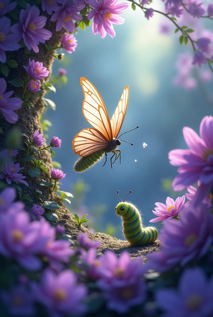 Purple and white flowers with a butterfly flying out of the cocoon accompanied by a caterpillar