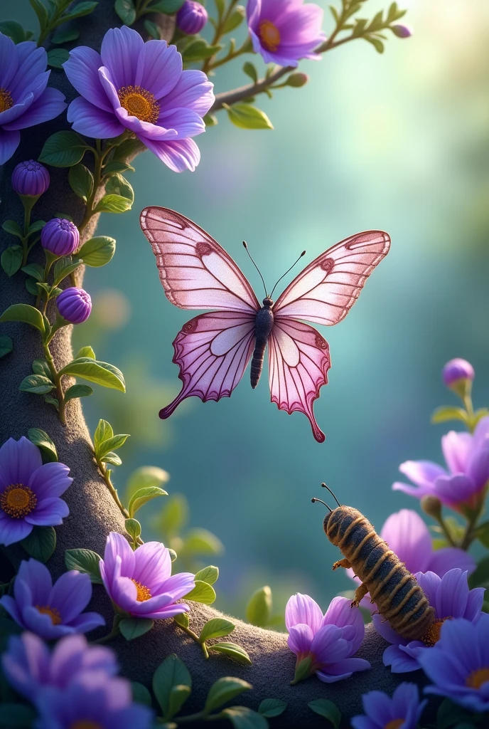 Purple and white flowers with a butterfly flying out of the cocoon accompanied by a caterpillar