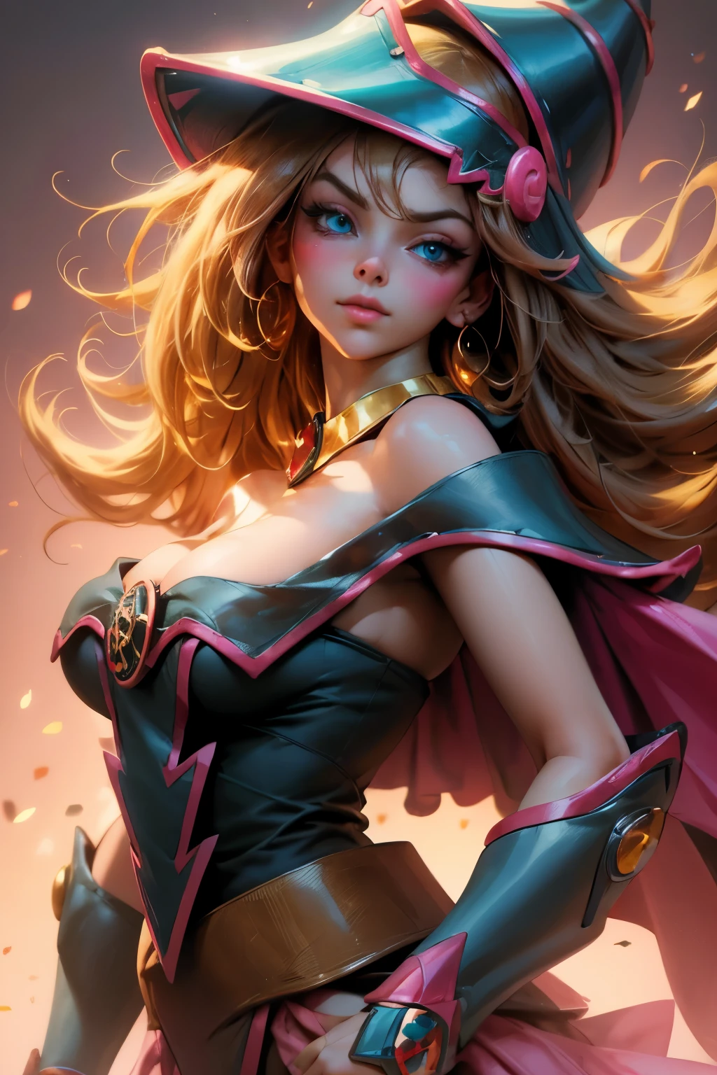 Beautiful face of dark magician gils. blue eyes. brio in the eyes. Large and thick false eyelashes, pink lips. blush on the cheeks, half side pose. Looking at one extreme. gold earrings. gold necklace. Thin neck. Long golden hair. Great cleavage. big breasts.