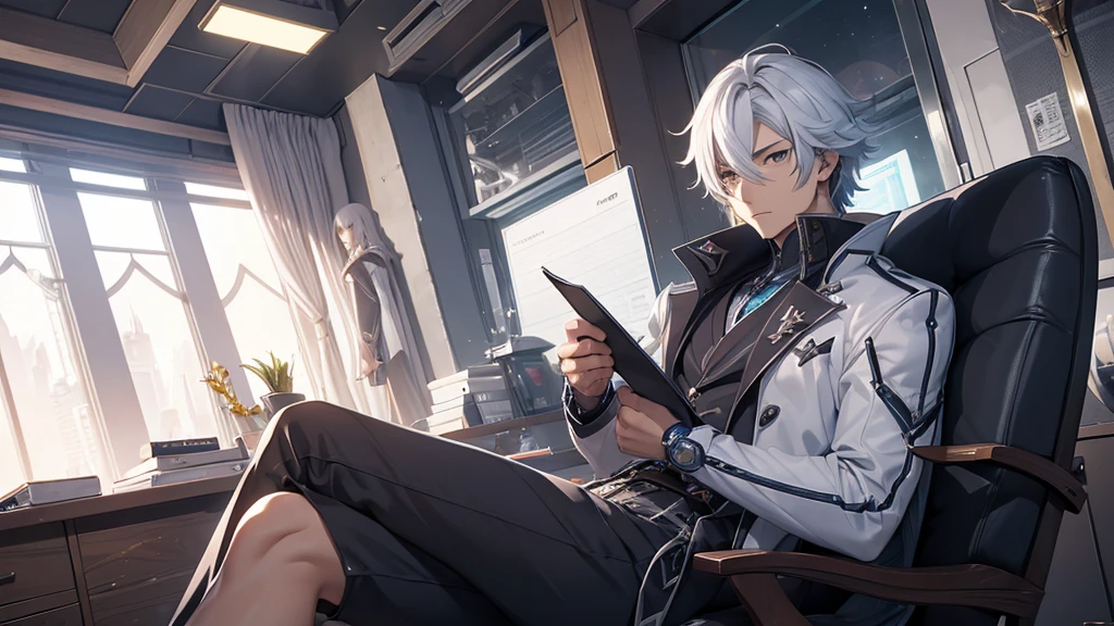 man writing a diary in a futuristic setting. He should have clothes and hair similar to Arlechinno from the game Genshin Impact.