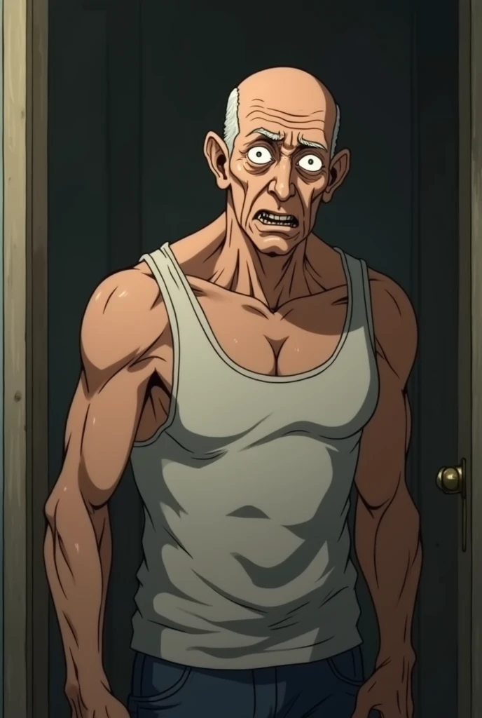 Old man, anime style, scared, short, skinny, pathetic, looking at camera, wearing a wife beater l. 