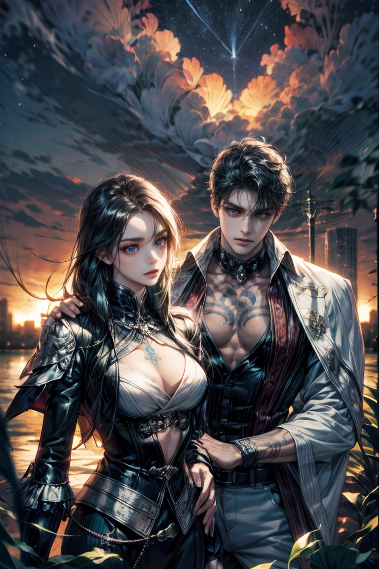 8k, Complex, elegant, Highly detailed, majestic, digital photography, surreal painting, defeat magic, Sinuous Lightning, (Masterpiece, Side light, fine and beautiful bright blue eyes: 1.2), HDR, (red eyes)), Naked upper body, (bright tattoo), Chico handsome, cana, musculature, black skin, demon horn, Raining, handsome, in front of the camera, Masterpiece