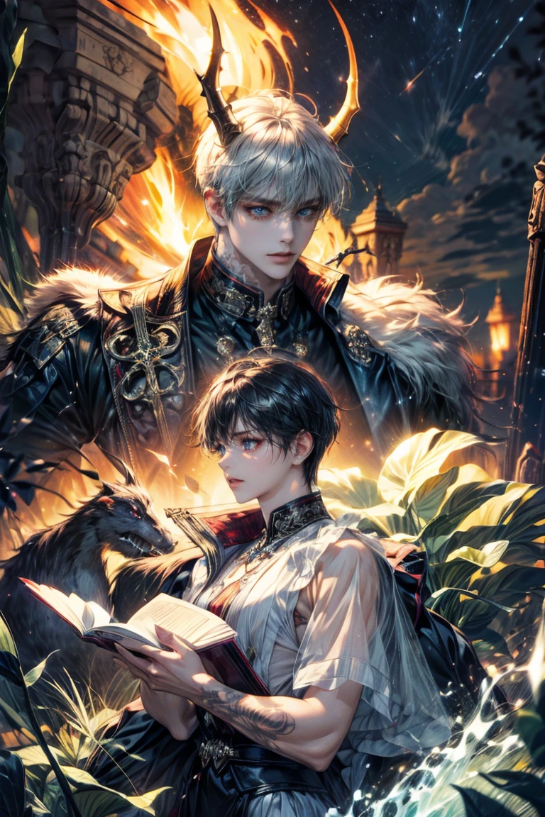 8k, Complex, elegant, Highly detailed, majestic, digital photography, surreal painting, defeat magic, Sinuous Lightning, (Masterpiece, Side light, fine and beautiful bright blue eyes: 1.2), HDR, (red eyes)), Naked upper body, (bright tattoo), Chico handsome, cana, musculature, black skin, demon horn, Raining, handsome, in front of the camera, Masterpiece