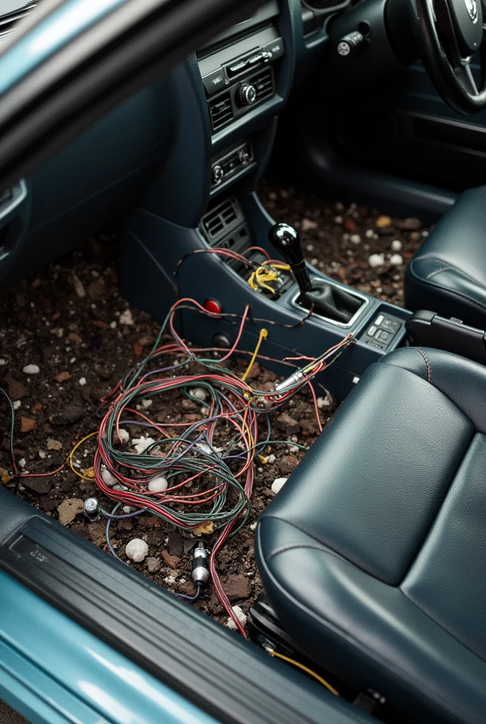 Disassembled wiring is lying inside the car.