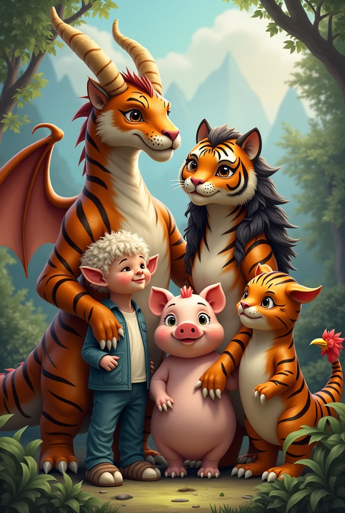 Daddy is dragon
Mommy is tiger 
Son is pig
Son is chicken
Girl is snake 
They are family