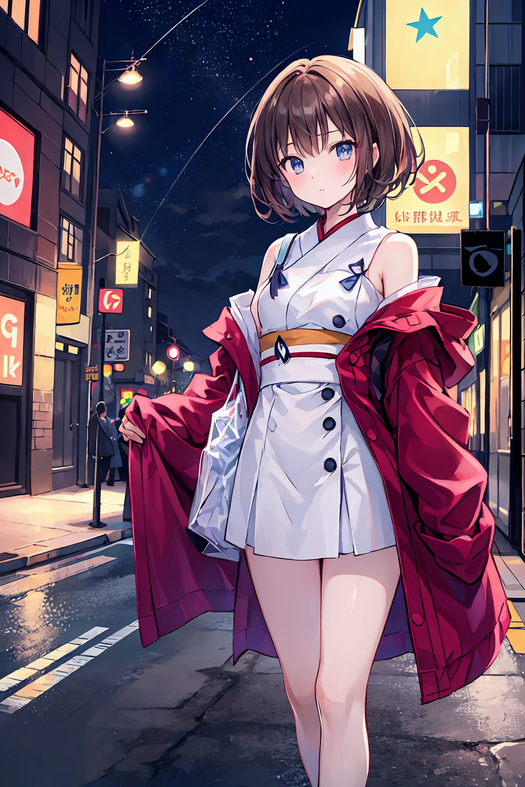 Japanese women、Small breasts，Flat chest、White skin、Clear skin、20-year-old、Brown Hair，Bobcut、(((the best)))、//be outraged:1.8、high quality:1.3、Professional Lighting:2.0 Real:1.2、4K resolution、Detailed skin、masterpiece:1.1、//Street Snap、((To the audience))、Cityscape，Beautiful night view，on the road、((Are standing))、((最high quality)), (Very detailed), (High-definition CG synthesis 8k wallpaper), 高いly detailed,  高い-definition raw colbor photos, Professional photography,  Written boundary depth,
