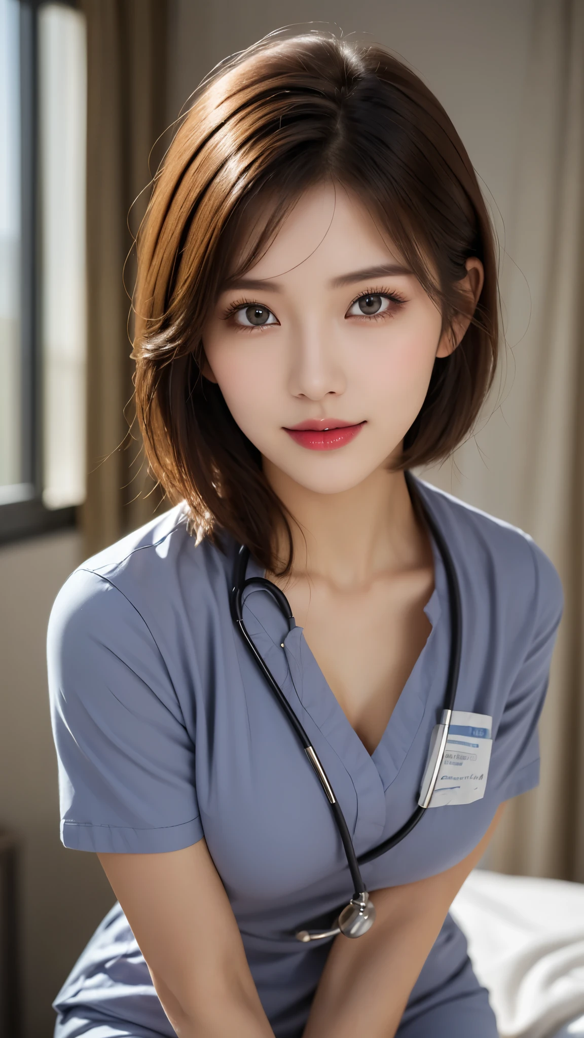 (masterpiece:1.3), (16k, photorealistic, RAW photo, best quality: 1.4),absurdres, attractive, ultra high resolution, ultra realistic, highly detailed, golden ratio, ultra detailed, super fucking beautiful detailed face, natural makeup, detailed cloth texture, detailed hair texture, beautiful detailed fullbody, Perfect female body, accurate, Anatomically correct, Highly detailed face and skin texture, (beautiful hands), (realistic skin), (beautiful pale skin:1.1), (beautiful breasts), (Perfect dynamic composition, looking at viewer, full body shot), (Random and Seductive poses:1.3),
BREAK,
realistic eyes, beautiful detailed eyes, symmetric eyes, Light Brown eyes, Double eyelids, Thin eyebrows, (Glossy lips:1.4), (Seductive expression:1.3), (beautiful smile:1.1), (blush:1.2),
BREAK,
((short hair, bob, Dark blonde hair, bangs:1.2)), (hospital room, nurse, nurse uniform:1.3)